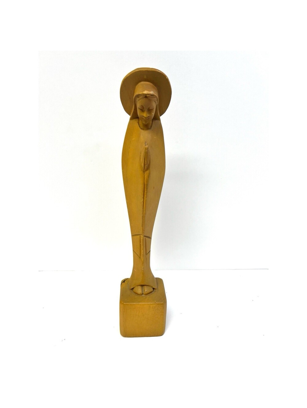 Wood Carved Madonna Virgin Mary On Wooden Base Figurine 12 Inch  Tall Vintage